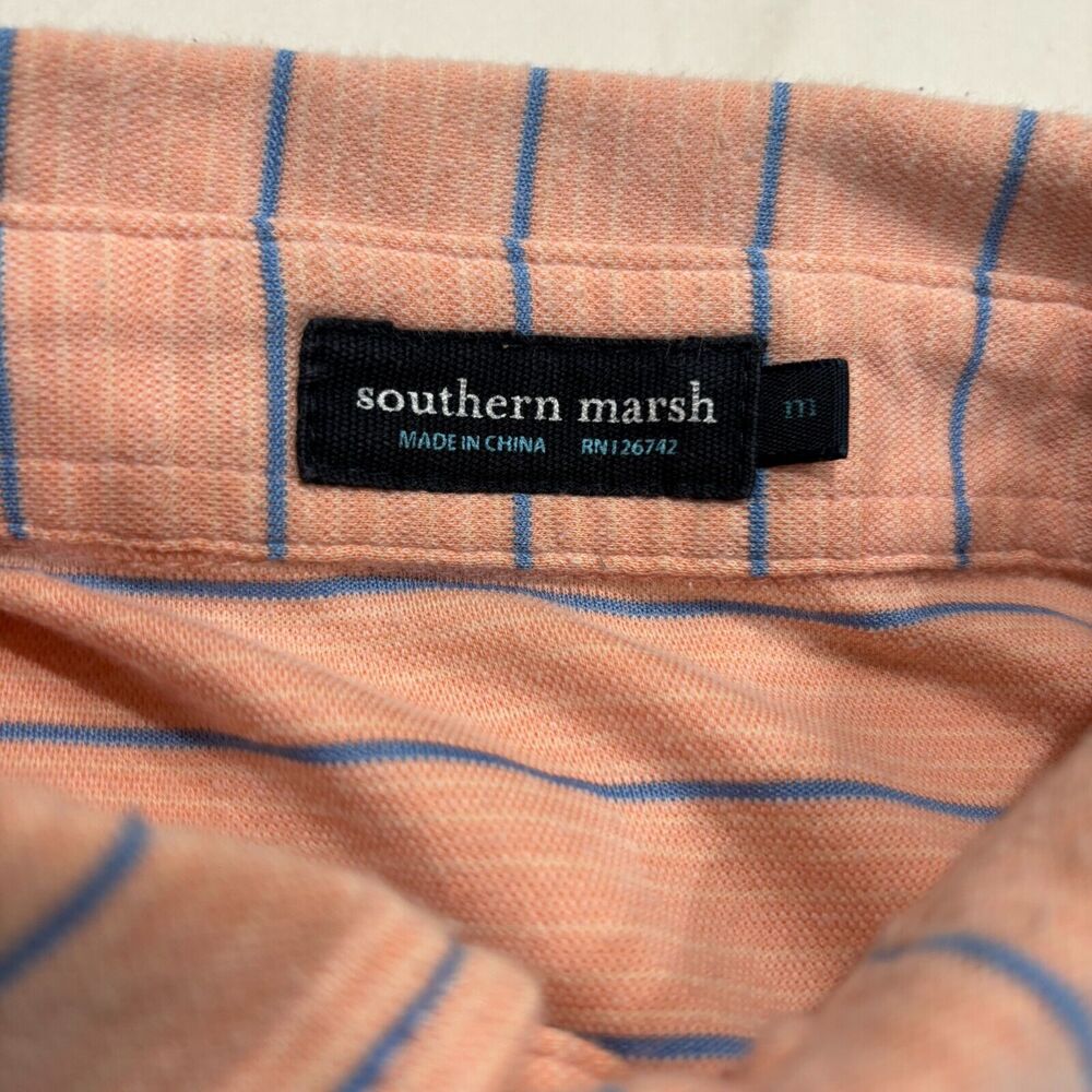 Southern Marsh Peach Polo Shirt Men's Size M Short Sleeve Blue Duck Striped - Picture 2 of 8